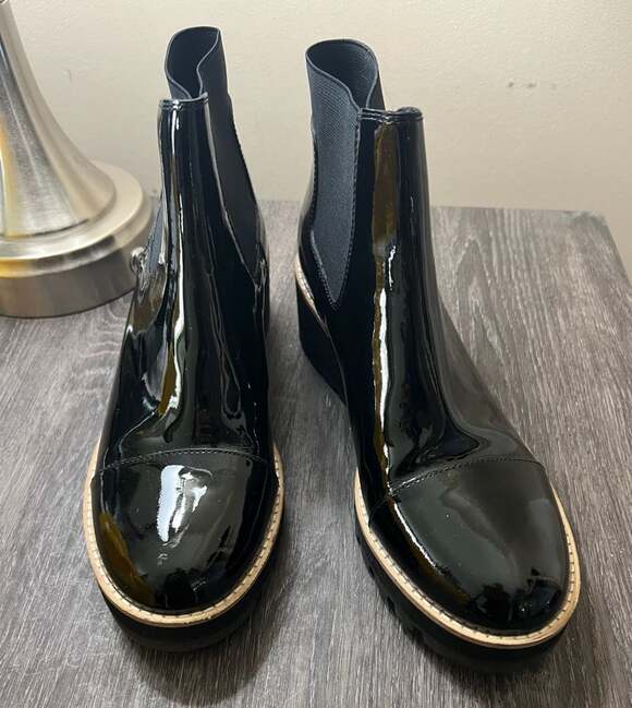 Eileen Fisher Shoes - Eileen Fisher Black Patent Leather Chelsea Wedge Lug Heel Boots
